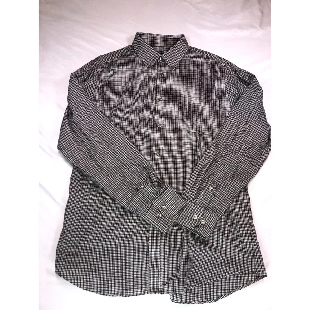 Van Heusen Mens Brown Micro Check Button Down Shirt Long Sleeve Size M 15-15.5